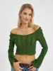 T-shirts pour femmes Wsevypo Off-Shoulder Knit Crop Tops Automne Printemps Rayé Flare Manches Longues Slim Fit T-Shirts Courts Casual Basic Tees