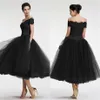 Gothic Black Short Prom Dresses 2020 New Ball Gown Tea Length Off-the-shoulder Lace Tulle Formal Evening Dress Party Gowns177D