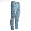Mäns jeans män jeans företag raka denim byxor män multi fickor mitten av midjan stretchig mager l230725