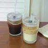 Vinglas 450 ml Simple Stripe Coffee Glass Cup med lock och halm transparent bubbla Tea Juice Milk Mocha Cups Breakfast Mug 230725