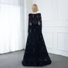 Party Dresses Muslim Full Sleeve Velvet Evening V Neck Navy Blue Rhinestones Ball Gown Formal Gowns Elegant