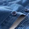 Mäns casual skjortor #7634 grå blå denim skjorta lång ärmfickor streetwear jeans bomull man hög kvalitet lös vridning krage