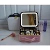 Kosmetiska väskor fodral smart LED -makeupväska med spegel för kvinnliga fack stora kapacitet vattentät pu läder rese fall 230725