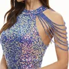 Été Col Haut Cou Taille Haute Slim Fit Sirène Formelle Robes De Mariée De Luxe All Over Sequin Gradient Couleur Sans Manches Perles Paillettes Femmes Robes De Soirée