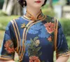 Ethnic Clothing Elegant Mandarin Collar Half Sleeve Printed Satin Cheongsam Women Sexy Chinese Traditional Handmade Buttons Qipao