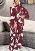 Women's Two Piece Pants Cutubly Summer Printed Outfits For Women 2 Sets Feather Long Sleeve Tops And Wide Leg Vintage Suit Club Wear Party