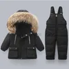 Down Coat 2023 Children Girl Winter 2PCS Clothes Set Real Fur Collar Hooded Down Jacket Waterproof Infant Boy Overalls Baby Girl Snowsuit HKD230725