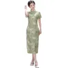 Ethnische Kleidung Vintage grüner Blumendruck Cheongsam Sommer elegant verbesserte chinesische Frauen Knopf langes Qipao