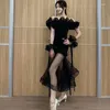 Sahne Giyim Siyah mesh Balo Salonu Dans Elbisesi Omuz Omuz Latin Yarışması Balo Vals Kostüm Bl8312
