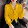 Women's Sweaters Women Fashion V-Neck Beading Bow Long Sleeve Top Loose Casual Spring Autumn Pullovers Commute Woman Clothing Shirt