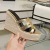 Tribute Woven Espadrille Sandals Rhinestone Mules tofflor Wedge Platform Pumps klackar 14 cm Kvinnors lyxdesigners läder läder ensam kvällskor fabrikskor