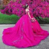 Hot Pink Shiny Quinceanera Abiti messicani Sweetheart Lace 3DFlower Puffy Ball Gowns Off-spalla Applique Luxury Vestidos De XV Anos