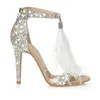 2021 moda piuma scarpe da sposa 4 pollici tacco alto cristalli strass scarpe da sposa con chiusura lampo sandali del partito scarpe per le donne Siz205M
