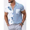 Mäns avslappnade skjortor sommar randig tryck skarvning kortärmad linne män streetwear hawaii kläder plus storlek 4xl 5xl