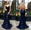 Navy Blue Glitz Lace Sequined Mermaid Prom Dresses Sexy Deep V Neck Backless Prom Gowns Vestidos De Festa
