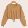 Women's Hoodies Short Women Solid Sweatshirts Tracksuits Round Neck Long Sleeve Drawstrings Crop Top Loose Pullover Kpop Sweaters Hoodie