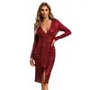 Vestidos de Festa Vermelho Decote em V Manga Longa Temperamento Justo Brinde de Casamento Banquete Lantejoulas Vestido de Noite Midi Justo Feminino Formal Sexy