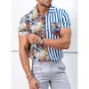 Mäns avslappnade skjortor sommar randig tryck skarvning kortärmad linne män streetwear hawaii kläder plus storlek 4xl 5xl