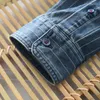 Camisas casuais masculinas #7655 Camisa jeans listrada vertical masculina Gola dobrável Jeans vintage manga comprida algodão solto preto azul alta qualidade