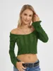 T-shirts pour femmes Wsevypo Off-Shoulder Knit Crop Tops Automne Printemps Rayé Flare Manches Longues Slim Fit T-Shirts Courts Casual Basic Tees