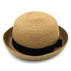 Summer Straw Hats Sun Hat Bowler Hat Beach Cap for Women with Black Bowkot Ribbon