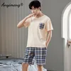 Men's Sleepwear Young Men Pajamas for Summer Soft Cotton Home Suit Men's Pijama Sets Pullover Plaid Male Short Sleepwear Casual Youth Loungewear 230724