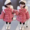 Down Coat Girls' Cotton Padded Jacket Red Bow Festival Thickened Fur Hooded Fashion Design Warm Medium Long Casual Jacket Outerwear HKD230725