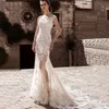 2023 Arabic Aso Ebi Mermaid Wedding Dress Sheer Neck Lace Long Sleeves Vintage Bridal Gowns Dresse Lace Floral Long Train Full length Fishtail Bridal Wedding Gown