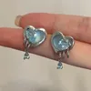 Stud Earrings Blue Crystal Rhinestones Love Heart For Women Romantic Sweet Cool Aesthetic Accessories Luxury Trendy Jewelry