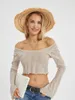 T-shirts pour femmes Wsevypo Off-Shoulder Knit Crop Tops Automne Printemps Rayé Flare Manches Longues Slim Fit T-Shirts Courts Casual Basic Tees