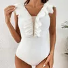 Vrouwen Badmode Eendelig Badpak 2023 Sexy Effen Witte Ruche Vrouwen Geel Badpak Beach Wear Backless Monokini