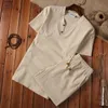 Men s Tracksuits Arrival Cotton and Linen Short Sleeve T shirt Shorts 2PC Set Solid Shirt Shorts Home Suits Male M 5XL TZ002 230724