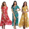 Grundlegende Freizeitkleider Witbuy Boho-Blumendruck-Damen-Sommer-Maxikleid mit Viskose, V-Ausschnitt, Knopfleiste, gebürsteter Taille, kurzen Ärmeln, geeignet für Frauen 230724