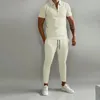 Men's Tracksuits Summer Solid Color Suit Short Sleeve Turn-down Collar Tops And Calf Pants 2 Piece Set Tracksuit Casual Outfits