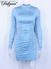 Basic Casual Jurken Casual Jurken Dulzura vrouwen sexy bodycon mini jurk 2022 herfst winter kleding lange mouwen hoge hals smokwerk feestjurken T230210 Z230725