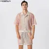 Herrespår Casual Holiday Style Set Incerun Mens See Through Hollowed Mesh kortärmad skjorta Shorts Fashion Man Two Piece 230724