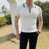 Polos masculinos moda com zíper gola para baixo manga curta camisas polo de malha para roupas masculinas 2023 negócios casuais slim fit sólido camiseta