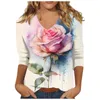 Camisetas de mujer Camisa suelta Mujer Camiseta de manga tres cuartos con cuello en V Estampado de flores Camisetas gráficas Blusas Tops y blusas para mujer