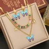 Blaue Emaille-Schmetterlings-Charms-Halsketten-Armband-Ohrring-Set, buntes, quadratisches Bling-Zirkonia-Edelstahl-Doppelschichtketten-Schmuckset für Frauen