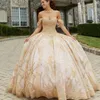 Champagne scintillant cristal Appliques robes de Quinceanera robe de bal sans manches perles volants Corset pour Sweet 15 filles