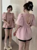 Frauen Blusen Casual Shirt Für Frauen Sommer Oansatz Puff Kurzarm Backless Lace Up Süße Rosa Blusas Weibliche Mode kleidung