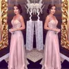 2019 arabic Elegant Blush Pink Evening Dresses Long A-Line Sexy Straps V Neck Major Beading Prom Party Red Carpet Dress Girls Page210n