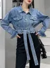 Vestes pour femmes Streetwear femmes Vintage effiloché ourlet brut court Denim veste printemps femme rétro simple boutonnage ceinture Jeans manteau Outwear 230725