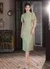 Vêtements Ethniques FZSLCYIYI Vert Clair Élégant Mandarin Col Volants Manches En Mousseline De Soie Qipao Chinois À La Main Boutons Dentelle Cheongsam Femmes