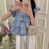 Kvinnors blusar Iyundo Sweet Summer Tops Korean Chic Temperament Ruffles Flying Sleeve Square Neck Tierred Female Chiffon Shirt Blus