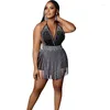 Casual Kleider Frauen Diamanten Strass Spaghetti Strap V-ausschnitt Kleid 2023 Sexy Party Club Bodycon Mini Quaste Clubwear