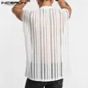 Mannen Mesh Gestreepte Tank Tops Mouwloos O Hals Streetwear Ademende Vesten Zomer Mode See Through Heren INCERUN 5XL 7 Men's322Q