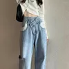 Kvinnors jeans baggy kvinnor vintage streetwear mamma hål rak denim byxor avslappnad bred ben koreansk version y2k oregelbunden
