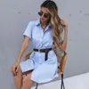 Abiti casual Abito camicia Estate Donna 2023 Colletto rovesciato Maniche corte Monopetto Strisce Lunghezza al ginocchio