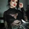 Женские брюки из двух предметов Yangelo, сексуальная готическая черная футболка с принтом летучей мыши и высоким воротником, прозрачная футболка с длинными рукавами, вечерние летние модные топы 230725